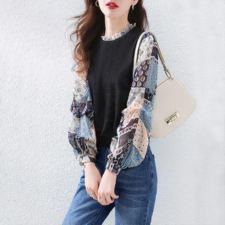 Lantern-sleeve Print Panel Knit Top