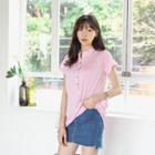 Mandarin-collar Short-sleeve Stripe Shirt