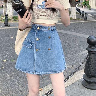 High-waist Double-breasted A-line Denim Mini Skirt