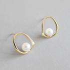 925 Sterling Silver Faux Pearl Irregular Hoop Earring Gold - One Size