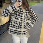 Houndstooth Fluffy Trim Button-up Jacket Houndstooth - Black & White - One Size