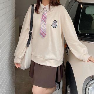 Set: Logo Embroidered Collared Sweatshirt + Mini A-line Skirt