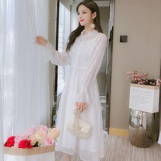 Long-sleeve Ruffled-trim Ruched Beaded Chiffon Dress