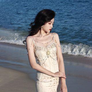 Spaghetti-strap Jacquard Midi Sheath Dress