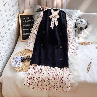 Set: Long-sleeve Heart Print Midi A-line Dress + Double-breasted Knit Vest