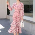 Long-sleeve Floral Print Midi Mermaid Chiffon Dress
