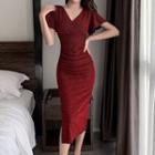 Short-sleeve V-neck Glitter Side Slit Bodycon Long Dress