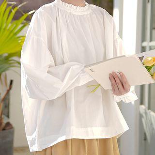 Lantern-sleeve Plain Blouse White - One Size