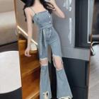 Suspender Ripped Denim Jumpsuit