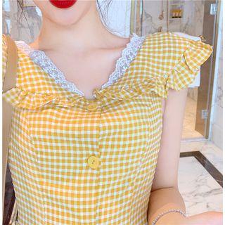 Lace Check Short-sleeve Slim-fit Dress