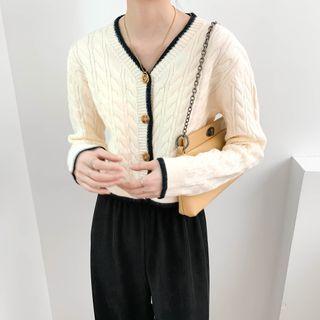 V-neck Two Tone Striped Button-up Cardigan