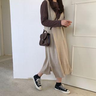 Crew-neck Long-sleeve Top / V-neck Sleeveless Midi Knit Dress