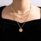 Disc Pendant Layered Alloy Choker Necklace 17502 - Gold - One Size