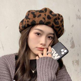 Leopard Print Beret Hat Leopard Pattern - Brown - One Size