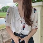 Elbow-sleeve Collared Print Blouse