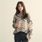 Crew-neck Patterned Knit Top Beige - One Size