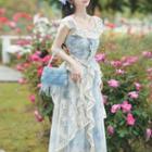 Set: Cap-sleeve Floral Lace Trim Top + Asymmetrical Midi A-line Skirt