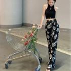 Halter-neck Half-zip Crop Top / Floral Print Wide Leg Pants