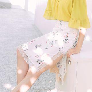 Lace Trim Floral Midi Skirt