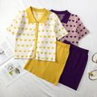 Set: Heart-print Summer-knit Shirt + Pencil Skirt
