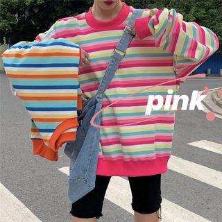 Round Neck Rainbow Striped Pullover