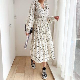 Open-placket Pleated Midi Dotted Dress