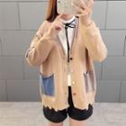 Long-sleeve Color Block Lettering Cardigan