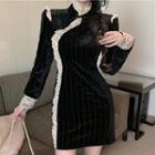 Long-sleeve Lace Trim Mini Bodycon Qipao Dress