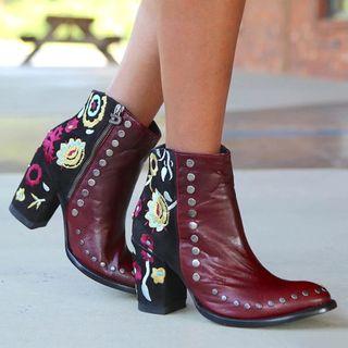 Block Heel Embroidered Short Boots