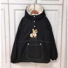 Fleece-lined Bear Embroidered Buttoned Hoodie Black - One Size