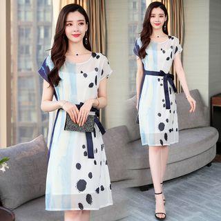 Set: Print Short-sleeve Chiffon Dress + Slipdress