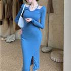 Plain Cold-shoulder Split Skinny Dress Blue - One Size