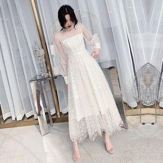 Sequined Long-sleeve Midi A-line Dress