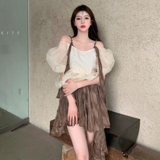 Off-shoulder Mesh Blouse / Spaghetti Strap A-line Dress
