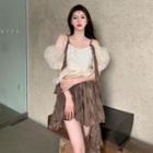 Off-shoulder Mesh Blouse / Spaghetti Strap A-line Dress