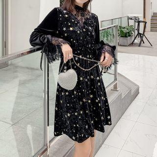 Long-sleeve Starry Embroidered Velvet A-line Dress