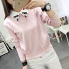 Flower Applique Collared Long Sleeve T-shirt