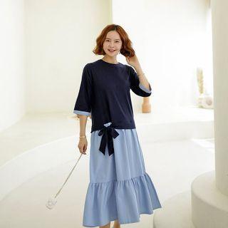 3/4-sleeve Tie-waist Color-block Dress