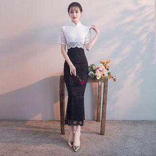 Short-sleeve Two-tone Mermaid Midi Qipao Dress