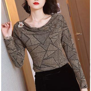 Patterned Glitter Long-sleeve Mesh Top