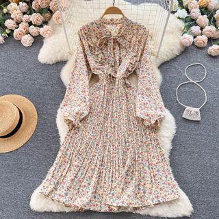 Lantern-sleeve Round-neck Bow Floral Dress