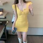Short-sleeve Henley Mini Bodycon Dress Yellow - One Size