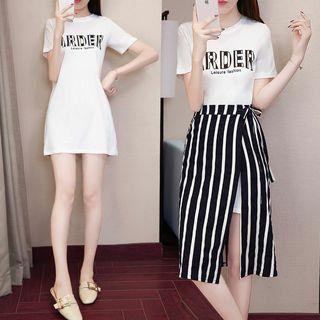 Set: Letter Print Short Sleeve T-shirt Dress + Striped Wrapped Skirt