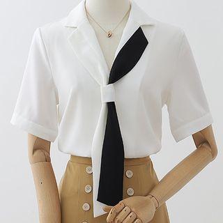 Short-sleeve Open-collar Mock-tie Shirt