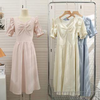 Ruffle-trim Ruched Midi Dress
