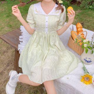 Short-sleeve Collar Embroidered Mini A-line Dress Green - One Size