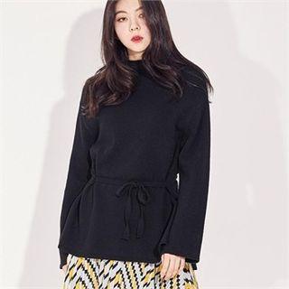 High-neck Tie-waist Wool Blend Knit Top