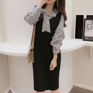 Mock Two-piece 3/4-sleeve Striped Panel Dress