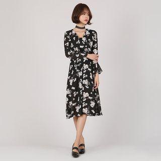 Wrap-front Floral Print Midi Dress