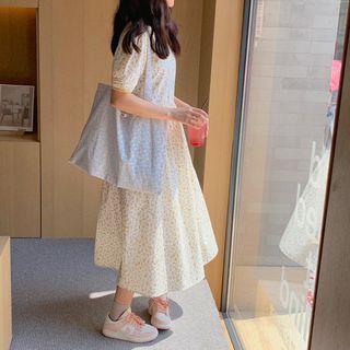 Short-sleeve Floral Midi A-line Dress Floral - Yellow - One Size